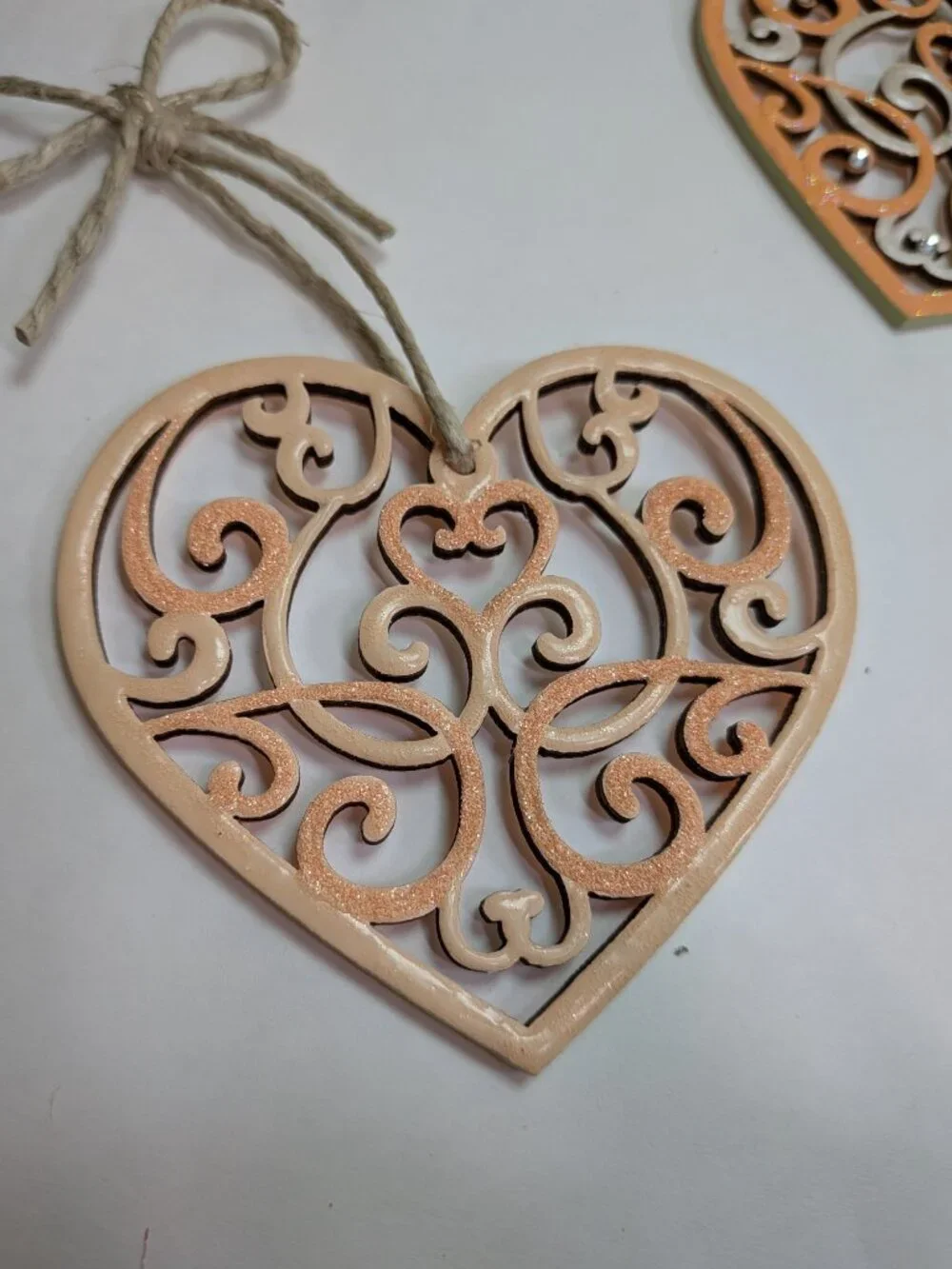 Handcrafted Wood Heart Ornament Set 7pc Laser Cut Fretwork & Key To My Heart